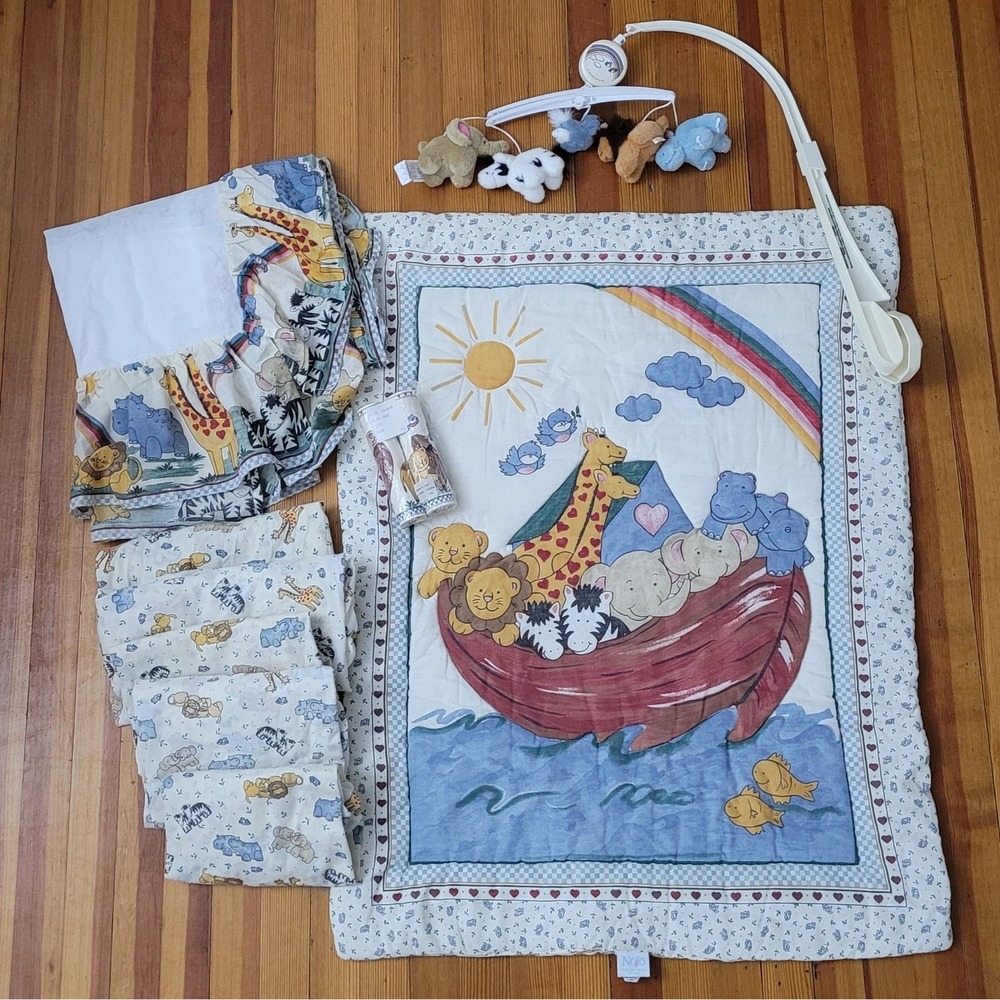Nojo Noahs Ark Animals Blanket Comforter Crib Set Double Sided Nursery Mobile